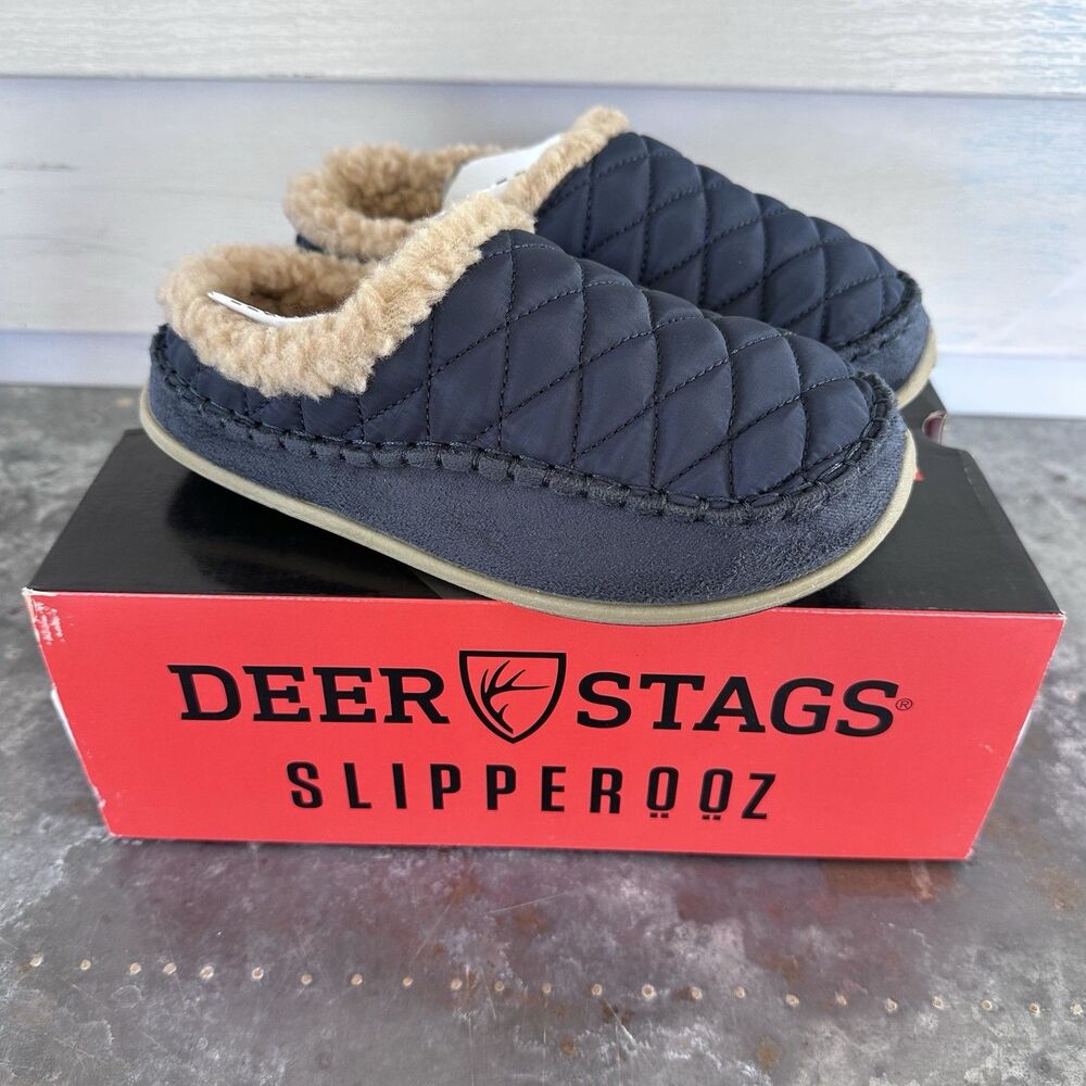 Deer Stags Lil Alma Slipperooz Navy Blue Quilted Slippers Boys 3M Women's 5M New